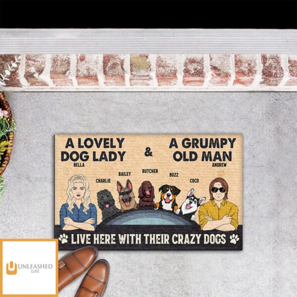 Lovely Dog Lady And Grumpy Old Man – Personalized Custom Doormat